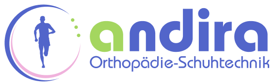 Das Andira-Logo zeigt eine laufende Person neben dem Schriftzug "andira Orthopädie-Schuhtechnik"